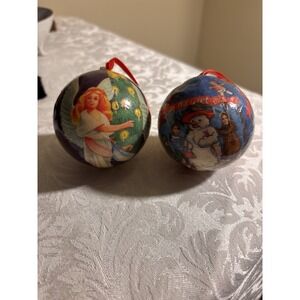 Vintage Paper Mache Christmas Ornament Snowman And Angel With Red String German